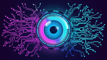 Electronic eye in glowing HUD circle element between information connecting lines - futuristic digital circuit background - 3D Illustration