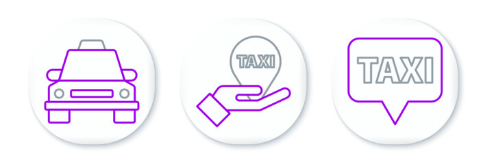 Set line Map pointer with taxi, Taxi car and Hand on map icon. Vector