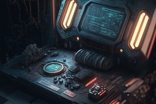 Ceberpunk Image Style, Control Room In A Futuristic Space Ship, Intricate Details, With Screens And Buttons, Generative Ai