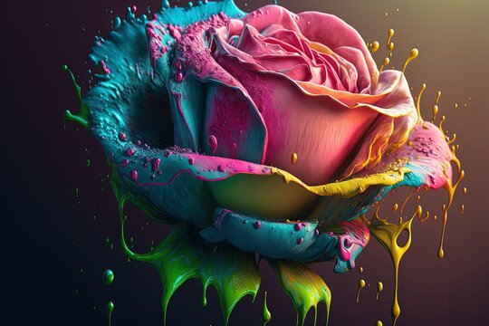 Golden rose with panint splash over it, gold glitter paint, colorful beautiful rose flower, Generative Ai