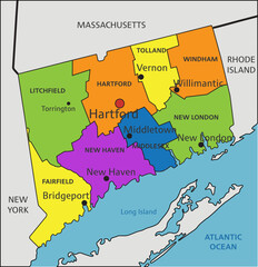 Colorful Connecticut political map with clearly labeled, separated layers. Vector illustration.