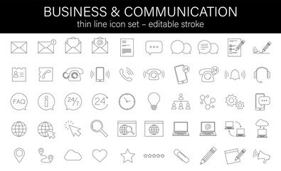 thin line business and communication icon set, editable stroke vector illustration