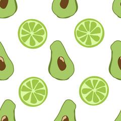 Seamless pattern with green avocado and lime on a white background. Square composition. Vector background.