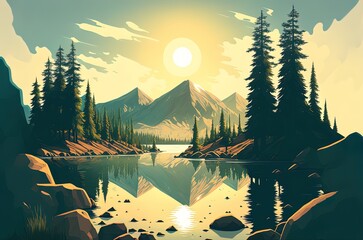 Scenery with a lake and mountains bathed in sunlight. Generative AI