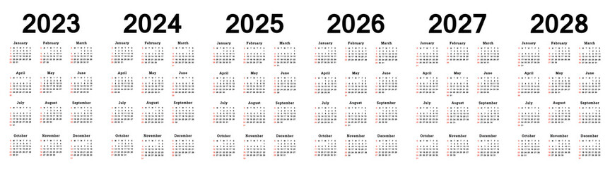 Calendar 2023, 2024, 2025, 2026, 2027, 2028 years week start Sunday