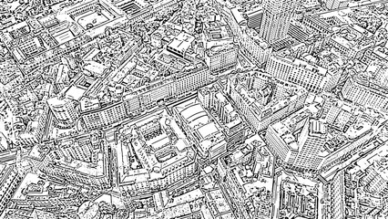 Milan, Italy. Roofs of the city. Historical part. Doodle sketch style. Aerial view