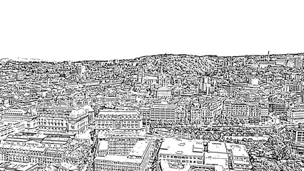 Lausanne, Switzerland. Flight over the central part of the city. La Cite is a district historical centre. Doodle sketch style. Aerial view