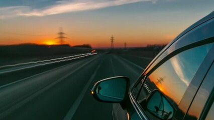 timelapse Driving at high speed through the streets timelapse drivelapse hyperlapse. View from side of car with slider movement at sunset on city road