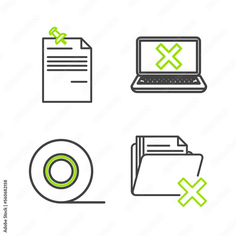 Poster set line delete folder, scotch, laptop and cross mark on screen and note paper with pinned pushbutto