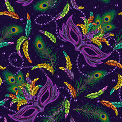 Seamless pattern with carnival purple mask, string of beads, feathers on dark textured background. Detailed vintage illustration for prints, apparel, clothing, surface design