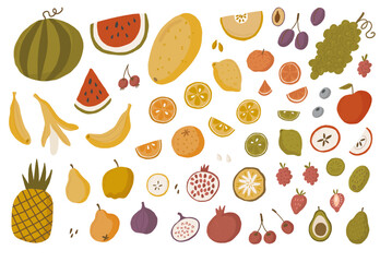 Cartoon style fruits set. Hand drawn vector illustration. Multicolor different kind of fruits flat style icons. Vegan menu, healthy food. Fruits isolated on white. Pomegranate, apple, orange, plum