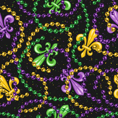 Seamless pattern with fleur de lis, strings of beads. Mardi gras carnival design. Vintage illustration for prints, clothing, surface design - obrazy, fototapety, plakaty