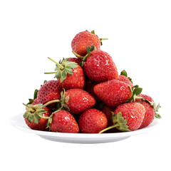 handful of strawberries on a plate. photo image of a ripe handful of strawberries on a small white plate