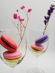 colorful macaroons on plate and many styles with flower.