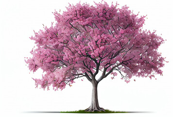 Fototapeta premium Large pink Cherry Blossom tree on white background. Digital art style. Generative AI