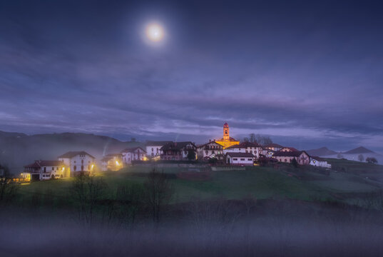 Small spanish village under the moonlight, Ziga, Navarre