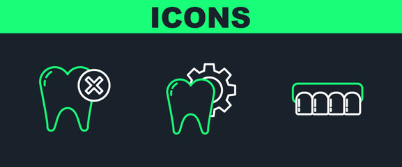Set line Dentures model, Tooth with caries and treatment procedure icon. Vector