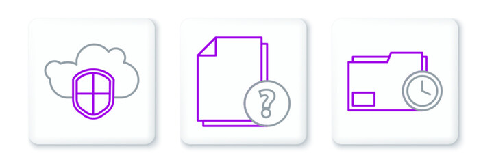 Set line Document folder with clock, Cloud and shield and Unknown document icon. Vector