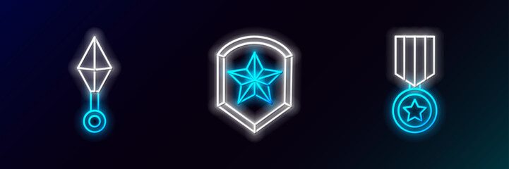 Set line Military reward medal, Japanese ninja shuriken and Police badge icon. Glowing neon. Vector © Oksana
