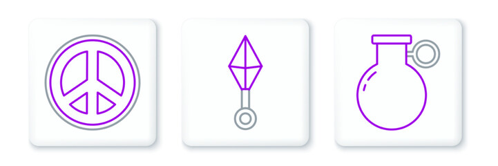 Set line Hand grenade, Peace and Japanese ninja shuriken icon. Vector