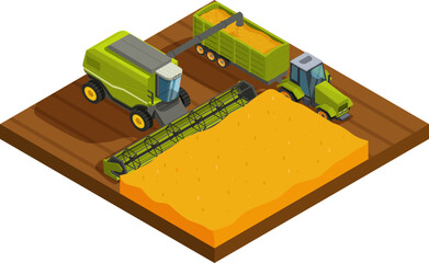 isometric harvester working in the field with a tractor, vector illustration