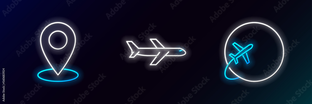 Poster set line globe with flying plane, map pin and plane icon. glowing neon. vector