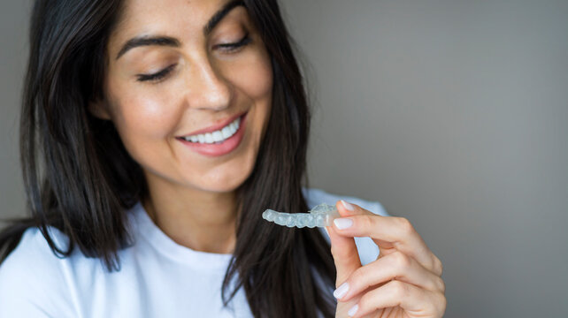 Teeth whitening. Woman with white smile holding removable braces . Invisible teeth tray . Orthodontic silicone trainer. Invisible braces aligner. 
