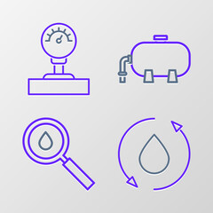 Set line Oil drop, industrial factory building and Gauge scale icon. Vector