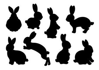 Rabbit silhouette set. Easter bunny cut file shapes. Cute rabbits jumping, sitting, skipping. Hare vector silhouettes for decal, Easter label, gift tag, cookie shape. Black and white template.