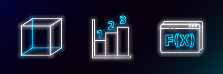 Set line Function mathematical symbol, Geometric figure Cube and Graph, schedule, chart, diagram icon. Glowing neon. Vector