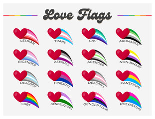 LGBTQ+ sexual identity pride flags collection as heart comets. Flag of gay, transgender, bisexual, lesbian etc. Pride concept rainbow heart