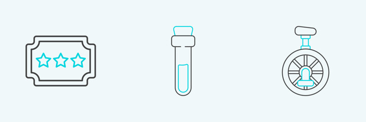 Set line Unicycle or one wheel bicycle, Ticket and Bottle with love potion icon. Vector © Oksana