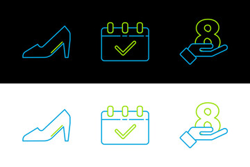Set line 8 March on hand, Woman shoe and Calendar with icon. Vector