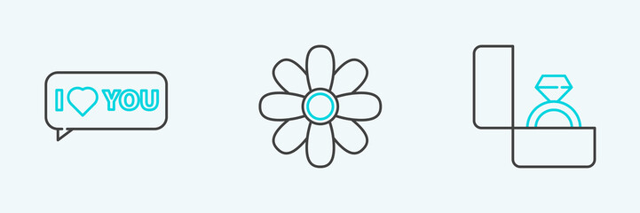 Set line Diamond engagement ring, Speech bubble with I love you and Flower icon. Vector