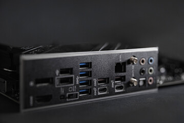 USB ports on motherboard panel close-up - obrazy, fototapety, plakaty