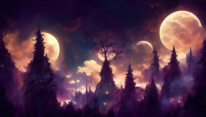 Bright moon over magical dark fairy tale forest at night