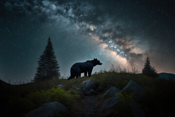 Obraz na płótnie Canvas Black bear in the mountains. Star background. Generative AI.