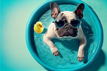 Funny French bulldog, wearing sunglasses, sitting in a round pool