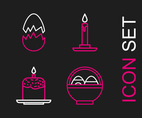 Set line Basket with easter eggs, Easter cake and candle, Burning in candlestick and Broken icon. Vector