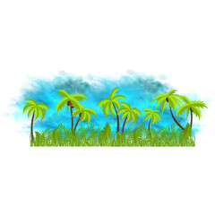 Fototapeta na wymiar Landscape with palm trees and grass. Blue sky. Background, template. Illustration