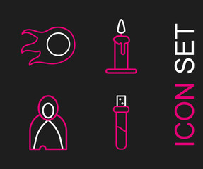 Set line Bottle with love potion, Mantle, cloak, cape, Burning candle in candlestick and Fireball icon. Vector