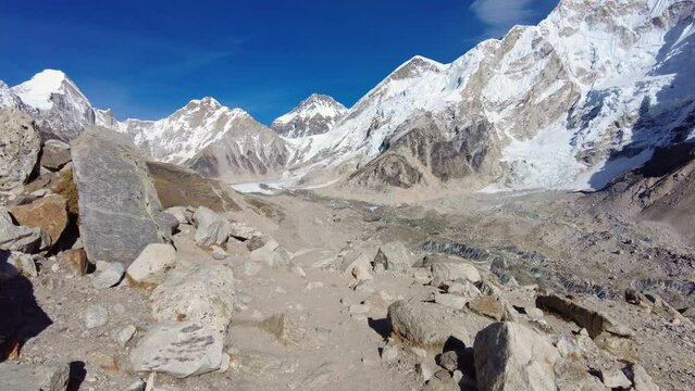 Gorak Shep, Nepal: Point of view of an hiker reaching the Gorak Shep teahouse village along the Khumbu glacier by the Everest base camp in the Himalayas in Nepal. 