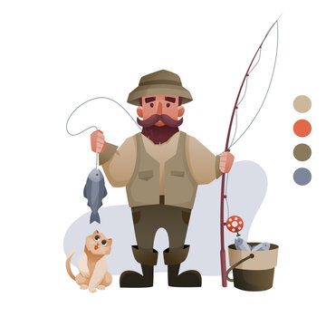 recommend clip art: The fishermen are holding a fishing rod with a caught fish, a cat is sitting next to it. Vector illustration isolated on white background