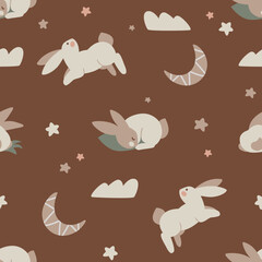 Seamless background, pattern with the image of rabbits and a month with stars. Baby vector illustration for textile on brown background