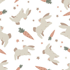 Seamless pattern of a light rabbit with a carrot on a white background. Vector illustration
