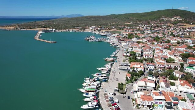 CUNDA ISLAND (Alibey Island) panoramic view. Historical windmill in Cunda. Ayvalik, Balikesir, Turkey. 