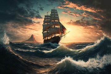 Fototapeta premium Ancient ship with raised sails at sunset AI