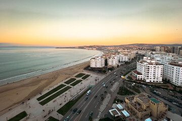 Aerial view over the buildings downtown Tanger nearby the Mediterranean Sea in Morocco