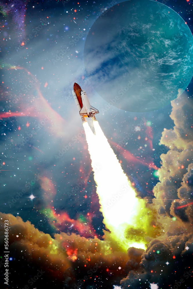Wall mural shuttle launch in the clouds to outer space. dark space with stars on background.spaceship flight. e