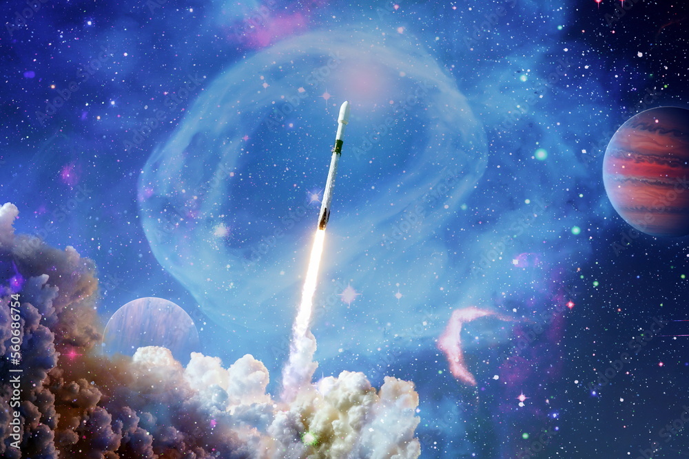 Wall mural shuttle launch in the clouds to outer space. dark space with stars on background.spaceship flight. e